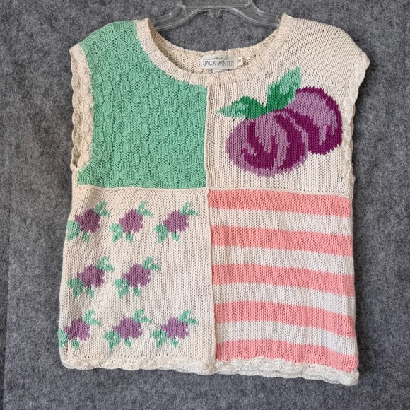 Jack Winter Sweaters - VTG 80s Colorblock Knit Sleeveless Sweater Cottagecore Womens Small Fruit Stripe